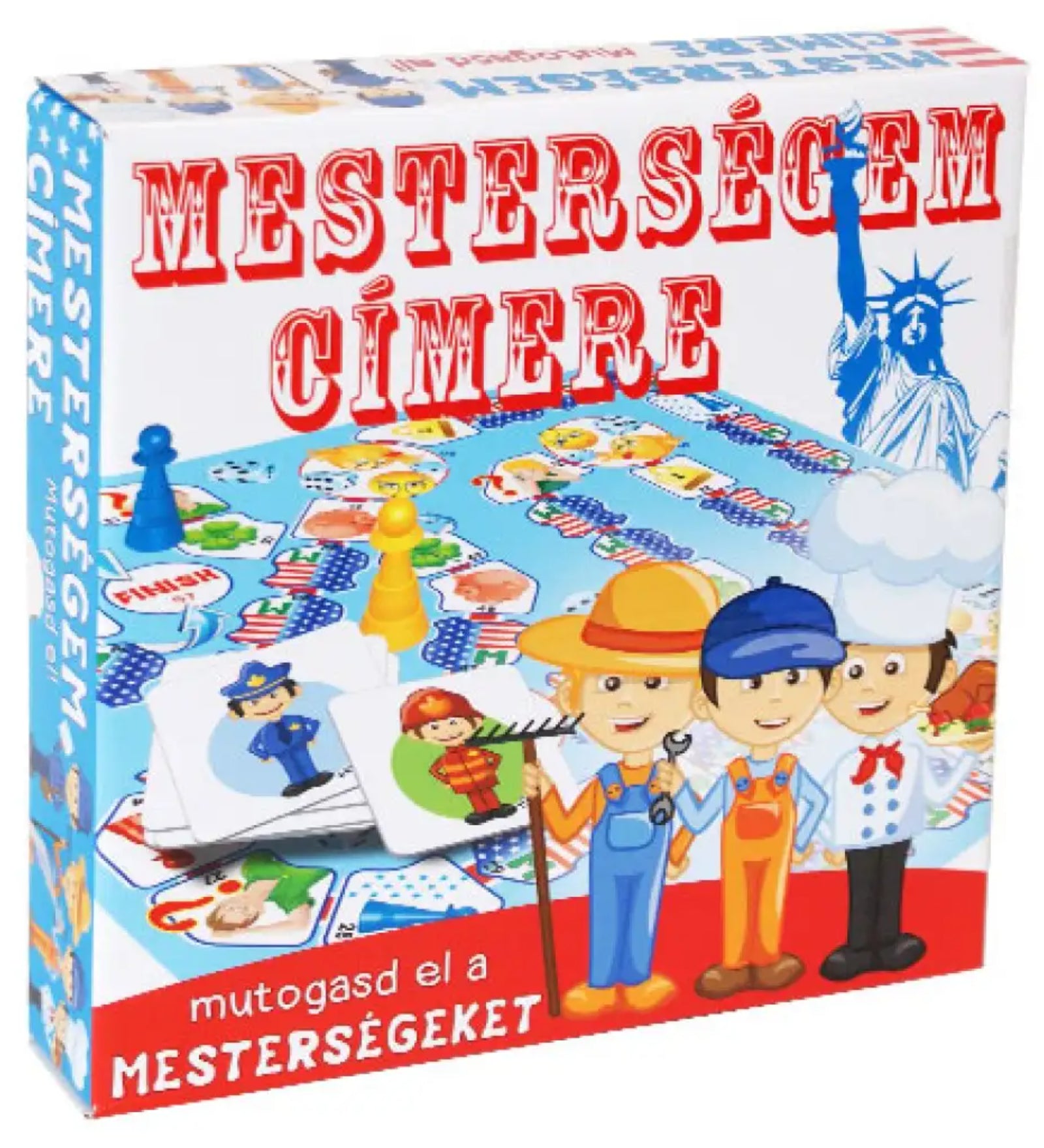 Mesterségem címere magyar nyelvű társasjáték doboza, elölnézetből ábrázolva, színes illusztrációval különböző foglalkozásokat megjelenítő gyerekfigurákkal, játéktáblával, bábukkal és kártyákkal, oktató jellegű, ismeretterjesztő társasjáték csomagolása