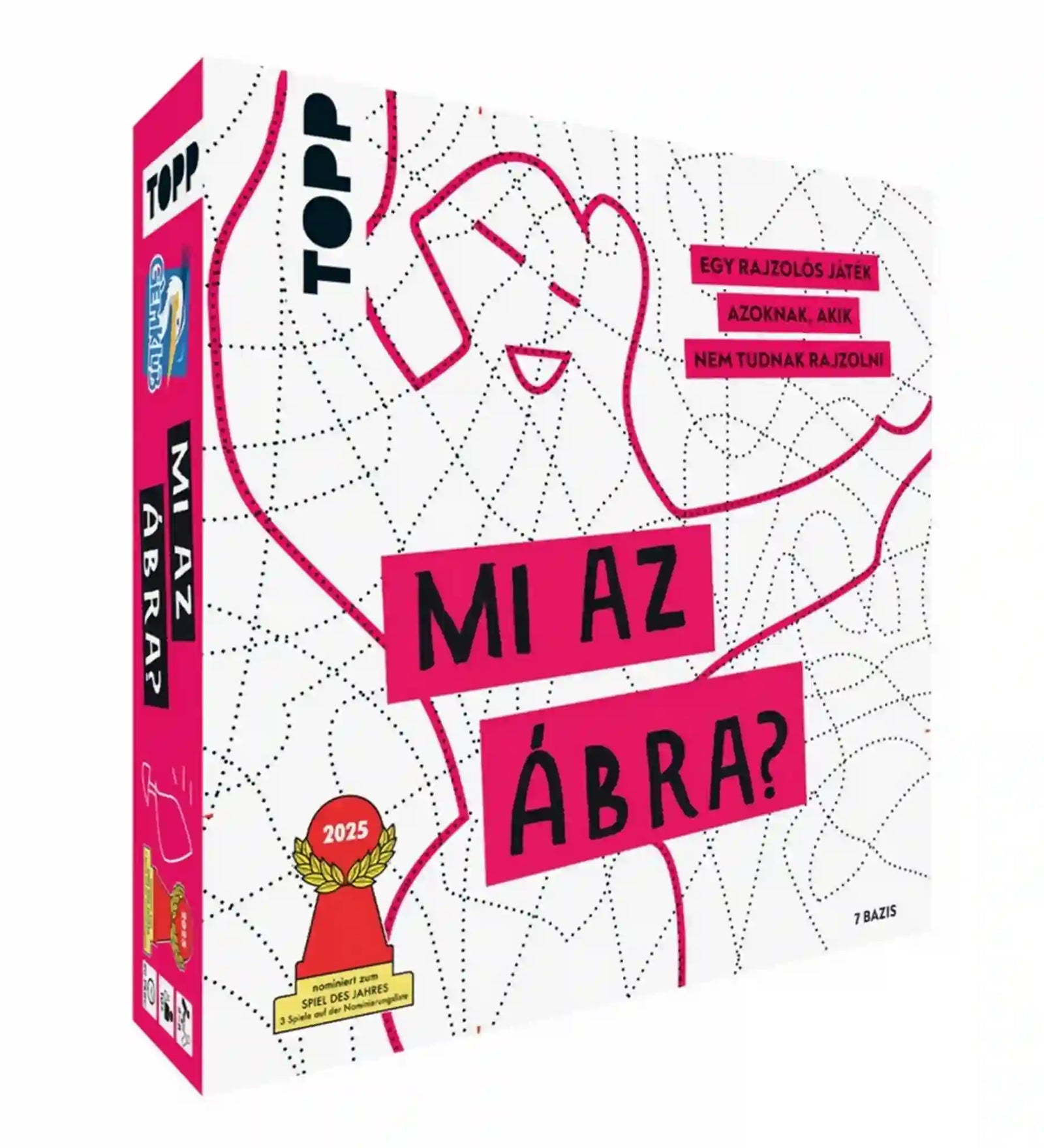 Mi az ábra? társasjáték – a játék dobozának elölnézeti képe, fehér-rózsaszín dizájnnal, stilizált arcrajzzal és a „Mi az ábra?” címmel a borítón.