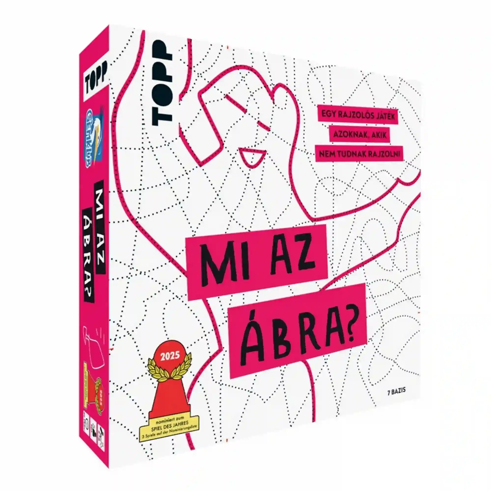 Mi az ábra? társasjáték – a játék dobozának elölnézeti képe, fehér-rózsaszín dizájnnal, stilizált arcrajzzal és a „Mi az ábra?” címmel a borítón.