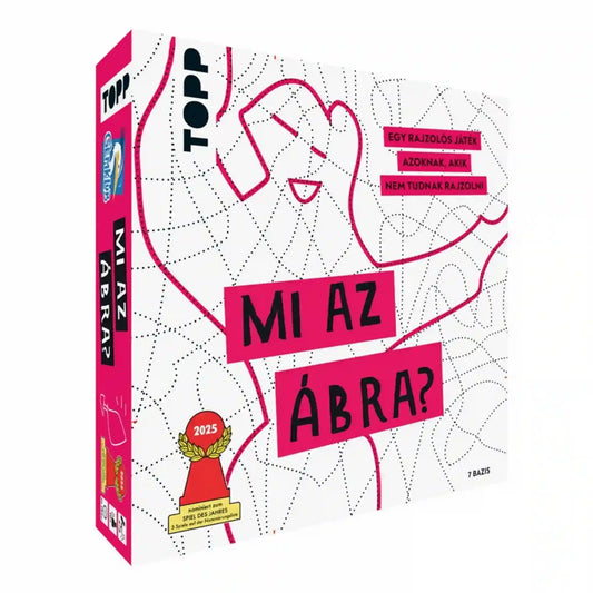 Mi az ábra? társasjáték – a játék dobozának elölnézeti képe, fehér-rózsaszín dizájnnal, stilizált arcrajzzal és a „Mi az ábra?” címmel a borítón.