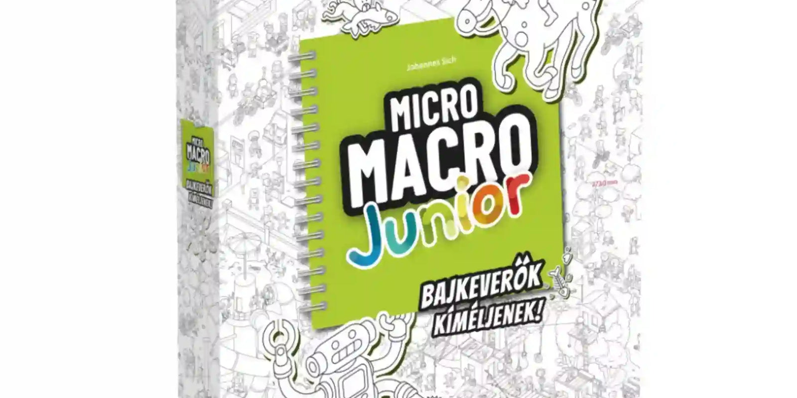 Micro Macro Junior – Bajkeverők, kíméljenek! magyar nyelvű társasjáték fehér doboza, részletes fekete-fehér várostérképpel, zöld logóval és rajzolt figurákkal.