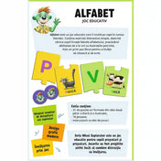 Az Alfabet oktató társasjáték hátoldala, amely bemutatja a játék működését és tartalmát. A csomag 31 két részből álló betűs puzzle-t, zsetonokat és játékötleteket tartalmaz, amelyek játékos formában segítik az olvasás és az írás előkészítését.