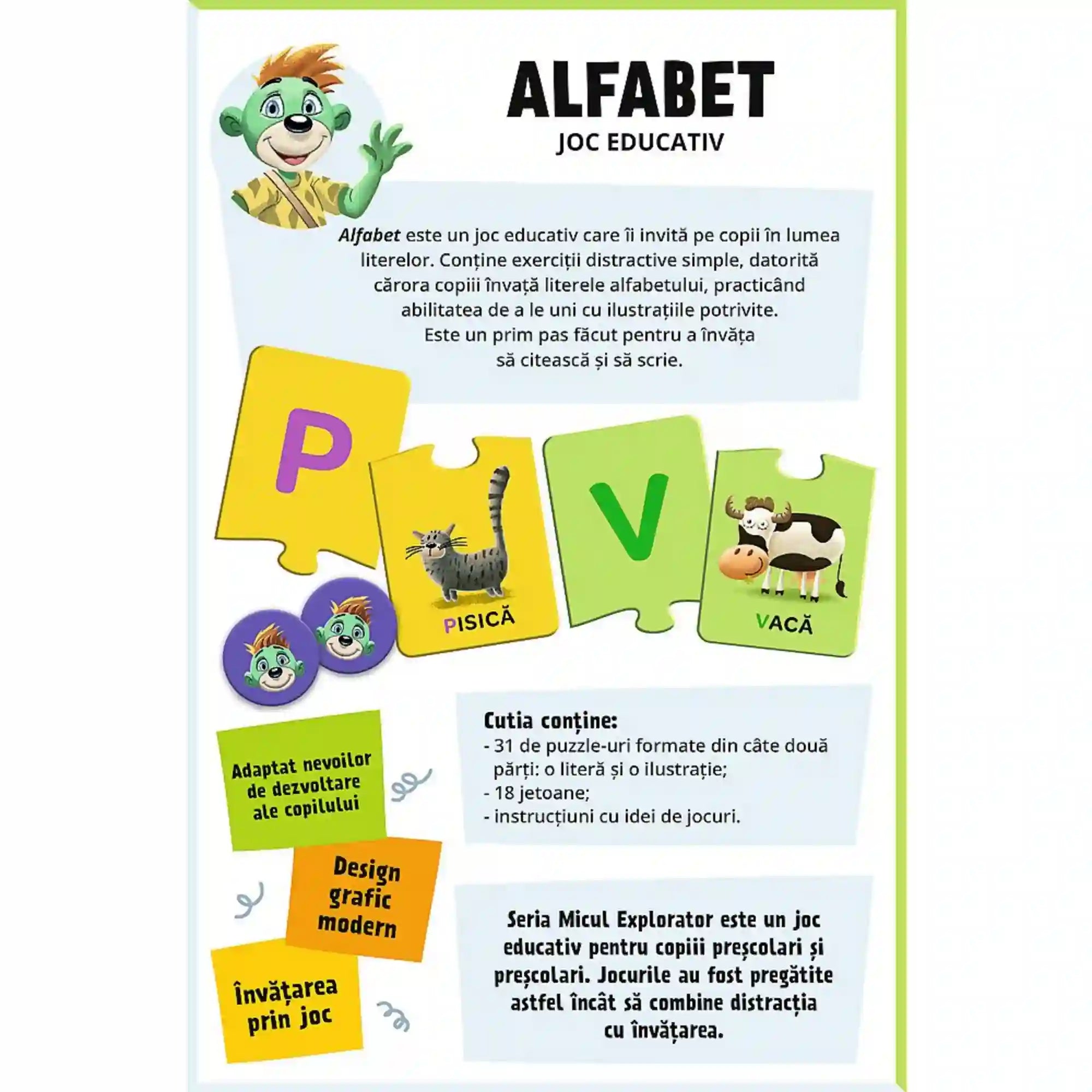 Az Alfabet oktató társasjáték hátoldala, amely bemutatja a játék működését és tartalmát. A csomag 31 két részből álló betűs puzzle-t, zsetonokat és játékötleteket tartalmaz, amelyek játékos formában segítik az olvasás és az írás előkészítését.