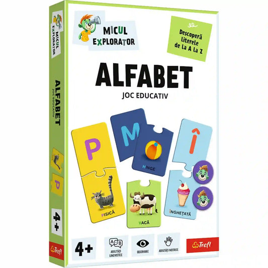 Az Alfabet oktató társasjáték doboza, amely színes betű- és képpárosító puzzle-elemekkel ismerteti meg a gyerekeket az ábécé betűivel. A 4 éves kortól ajánlott fejlesztőjáték játékos feladatokon keresztül fejleszti a betűfelismerést, a szókincset, a megfigyelőképességet és a finommotoros készségeket.