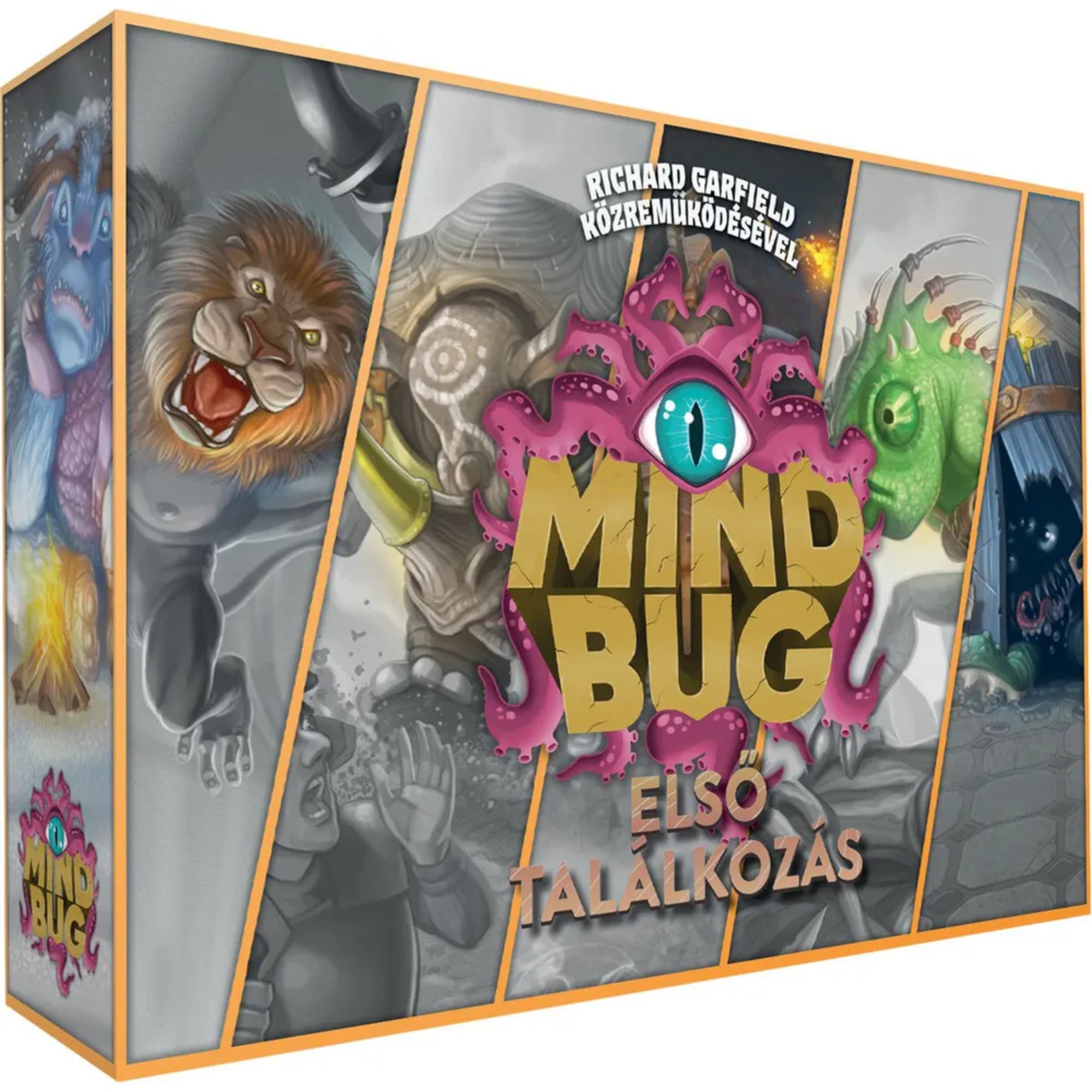Mindbug – Első találkozás magyar nyelvű társasjáték doboza, látványos fantasy illusztrációval és jellegzetes Mindbug logóval