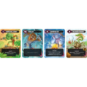 Mindbug – Első találkozás társasjáték kártyakészlete és jelölőkorongjai, különleges lénylapokkal, értékjelölőkkel és illusztrált elemekkel