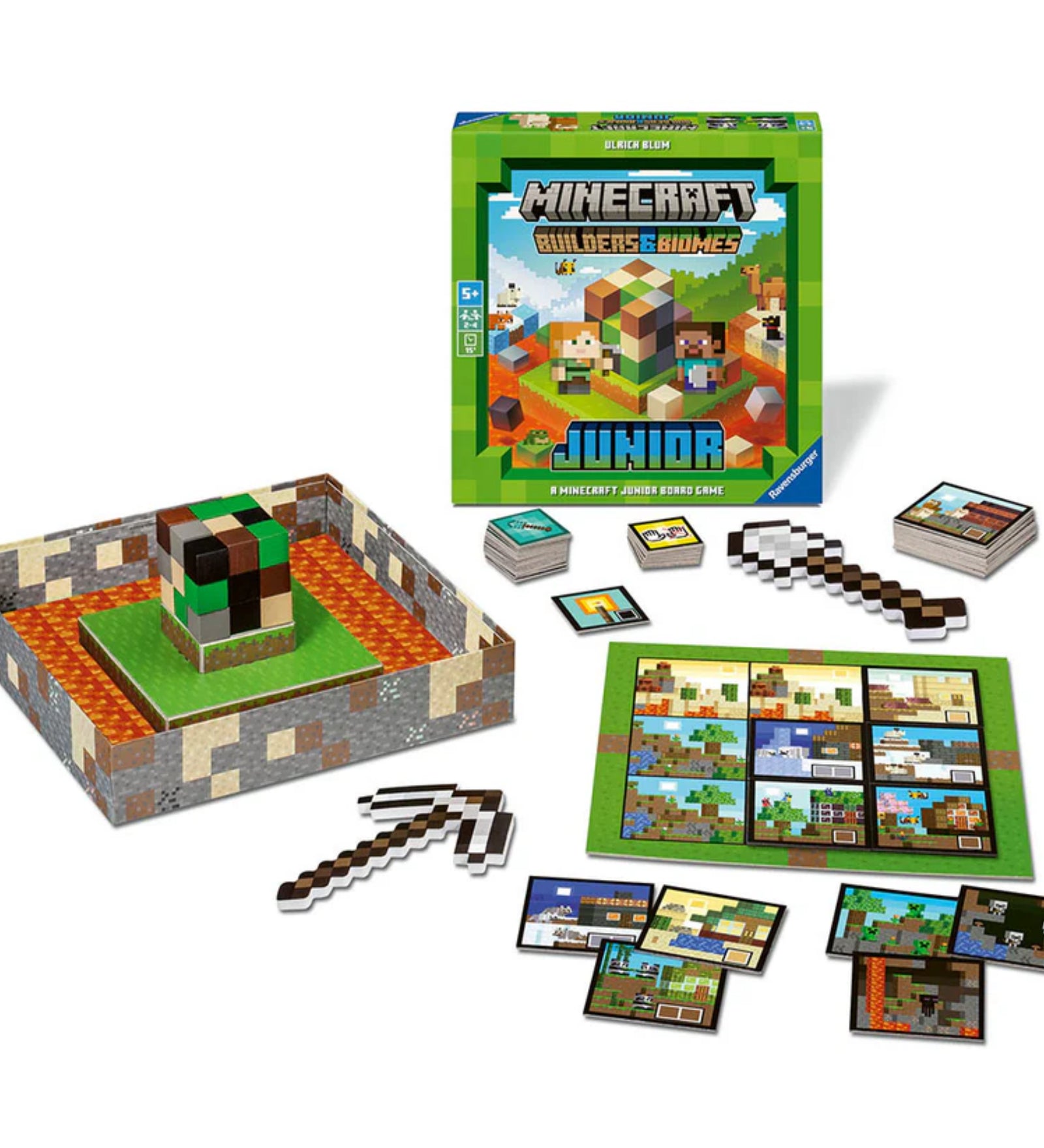 A képen a Minecraft Builders & Biomes Junior társasjáték tartalma látható kibontva. A játék elemei tökéletesen tükrözik a Minecraft világ jól ismert pixeles stílusát. A középpontban egy kockatorony áll, amelyet a játékosok fokozatosan bontanak le, miközben különböző blokkokat gyűjtenek.

A játéktér a doboz aljából alakítható ki, melyet láva szegélyez, ezáltal egyedi, Minecraft-ihlette keretet adva a játéknak. A kép bal alsó részén egy pixeles csákány és egy ásó található, amelyek segédeszközként szolgálnak 