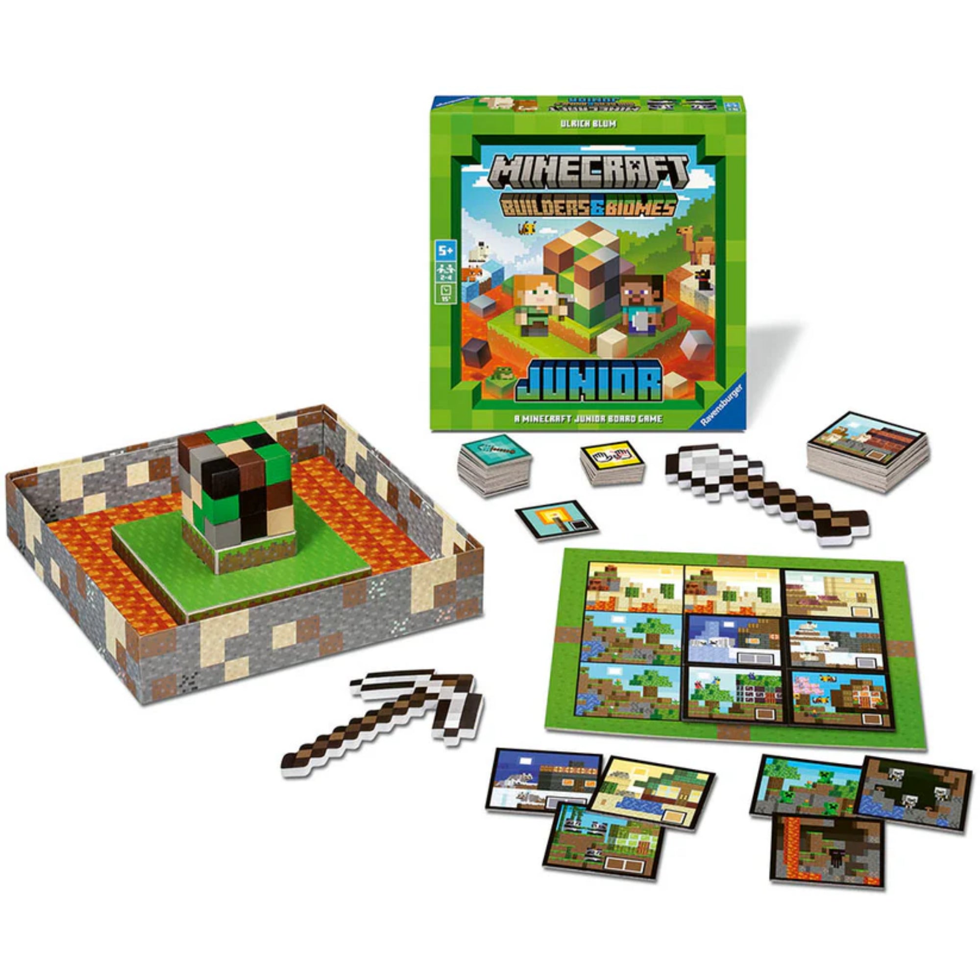 A képen a Minecraft Builders & Biomes Junior társasjáték tartalma látható kibontva. A játék elemei tökéletesen tükrözik a Minecraft világ jól ismert pixeles stílusát. A középpontban egy kockatorony áll, amelyet a játékosok fokozatosan bontanak le, miközben különböző blokkokat gyűjtenek.

A játéktér a doboz aljából alakítható ki, melyet láva szegélyez, ezáltal egyedi, Minecraft-ihlette keretet adva a játéknak. A kép bal alsó részén egy pixeles csákány és egy ásó található, amelyek segédeszközként szolgálnak 
