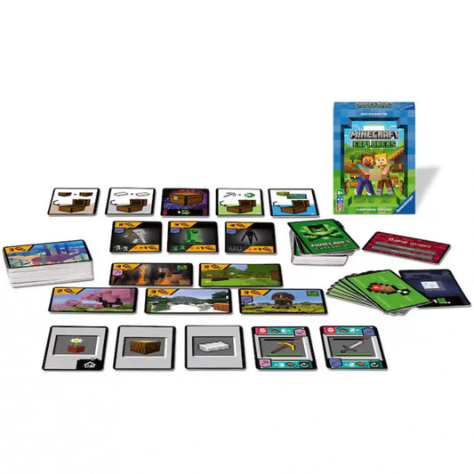 Minecraft Explorers társasjáték doboza és játékkártyák, pixeles Minecraft stílusú grafikai elemekkel és karakterekkel.