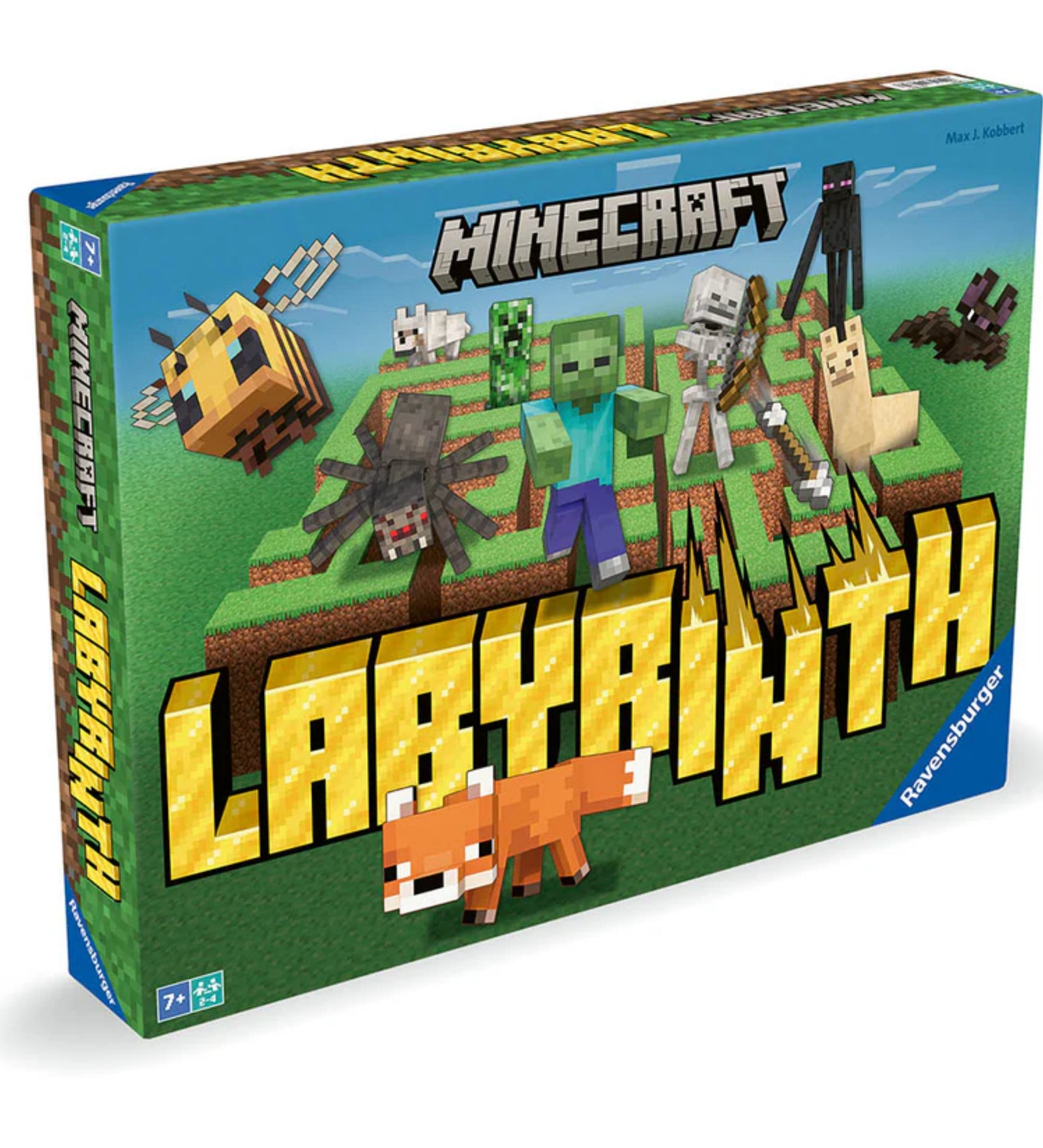 A képen a Minecraft Labyrinth társasjáték doboza látható, amely a klasszikus Labirintus játékot ötvözi a népszerű Minecraft univerzummal. A dobozon a legismertebb Minecraft karakterek és mobok szerepelnek, mint a méhecske, zombi, csontváz, creeper, pók, enderman és alpaka, valamint egy róka, aki a „Labyrinth” felirat előtt áll. A háttérben egy pixeles, Minecraft-stílusú labirintus látható, ami kalandra csábít.
A doboz bal alsó sarkában jelölve van, hogy a játék 7 éves kortól, 2–4 játékos számára ajánlott. 