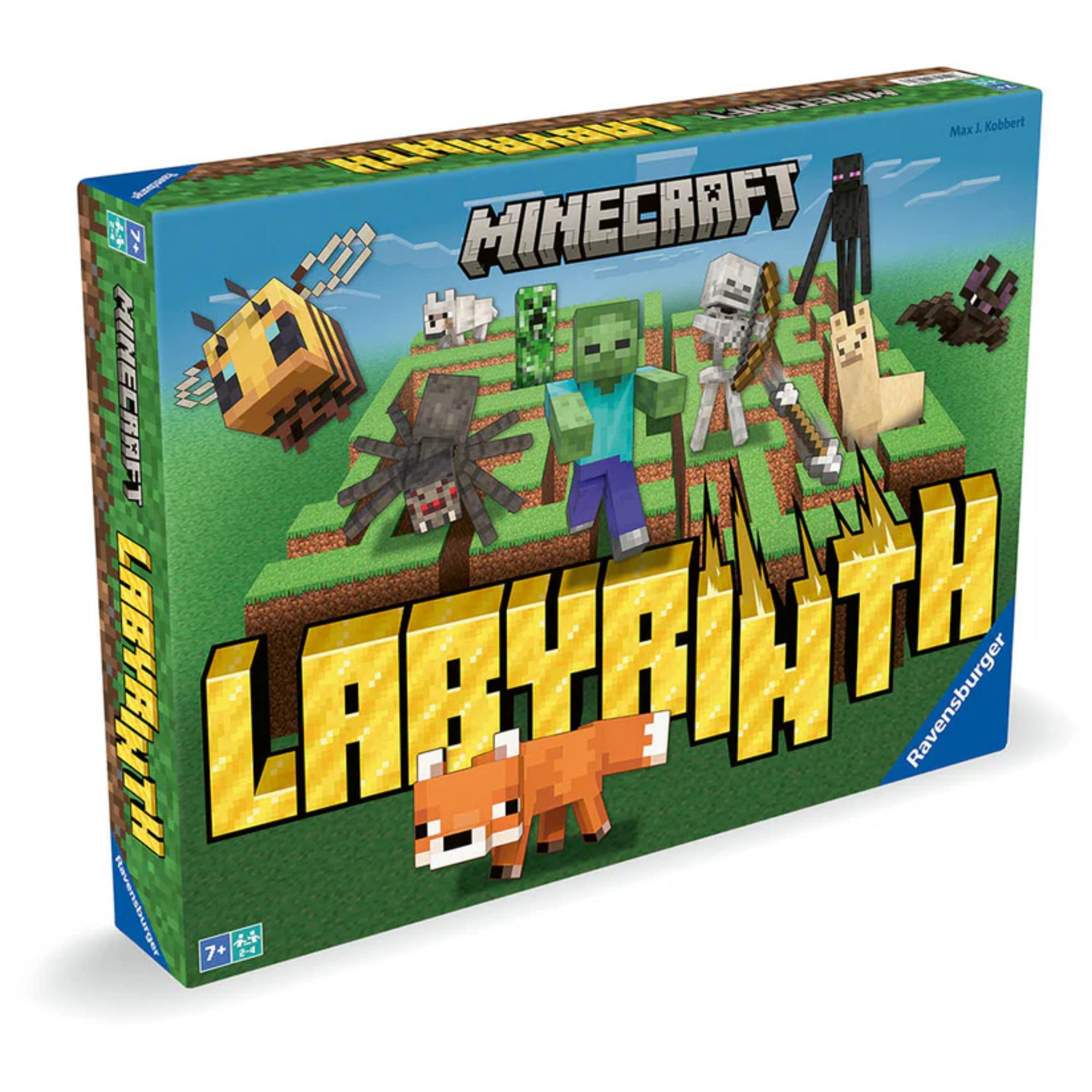 A képen a Minecraft Labyrinth társasjáték doboza látható, amely a klasszikus Labirintus játékot ötvözi a népszerű Minecraft univerzummal. A dobozon a legismertebb Minecraft karakterek és mobok szerepelnek, mint a méhecske, zombi, csontváz, creeper, pók, enderman és alpaka, valamint egy róka, aki a „Labyrinth” felirat előtt áll. A háttérben egy pixeles, Minecraft-stílusú labirintus látható, ami kalandra csábít.
A doboz bal alsó sarkában jelölve van, hogy a játék 7 éves kortól, 2–4 játékos számára ajánlott. 