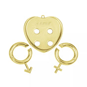 Mini Huzzle Amour Gold – a kirakó darabjaira szedve, a szív alaplap és a női-férfi szimbólum formájú fémgyűrűk külön láthatók.