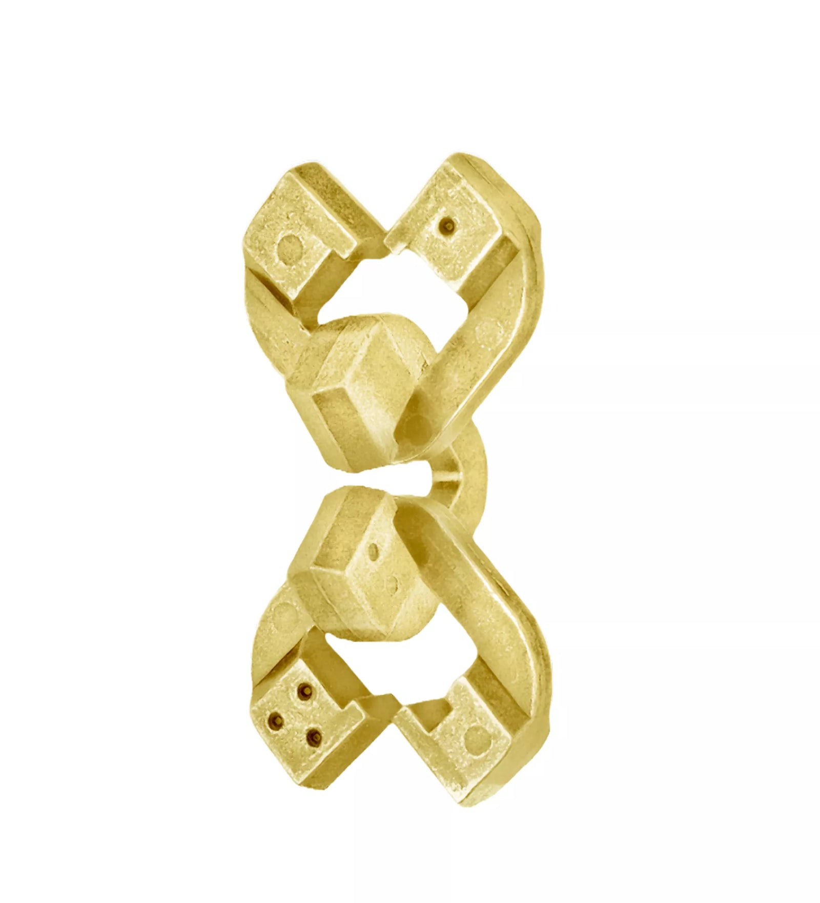 A Huzzle Cast Chain logikai játék arany színű változata összerakva, láncszemekre emlékeztető, masszív, egymásba kapcsolódó fém elemekkel.