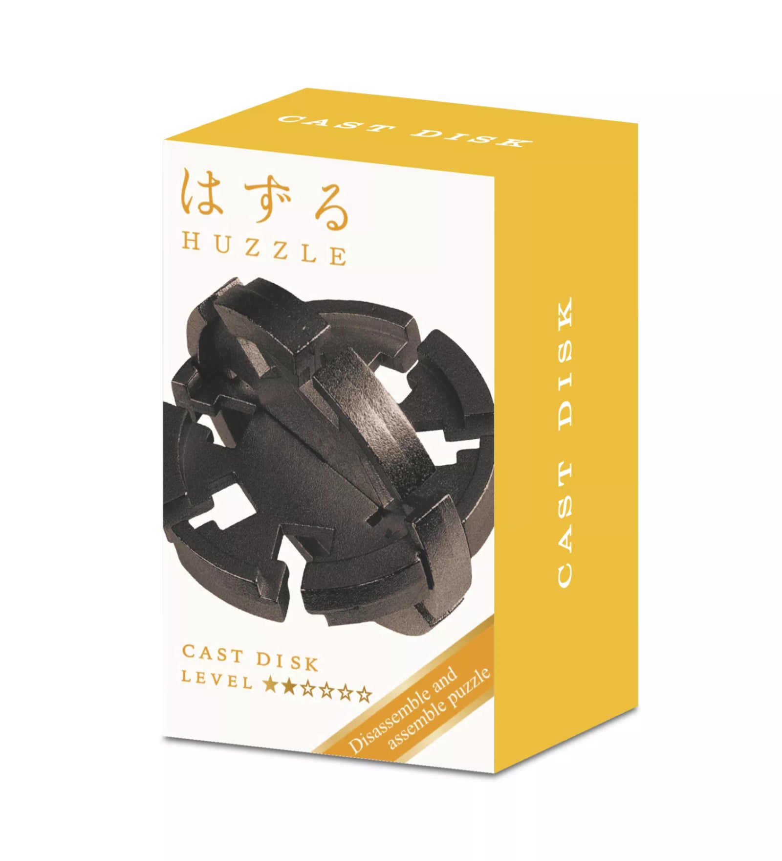 Huzzle Cast Disk logikai játék doboza, fehér-sárga dizájnnal és a fekete fém puzzle képével az elején.