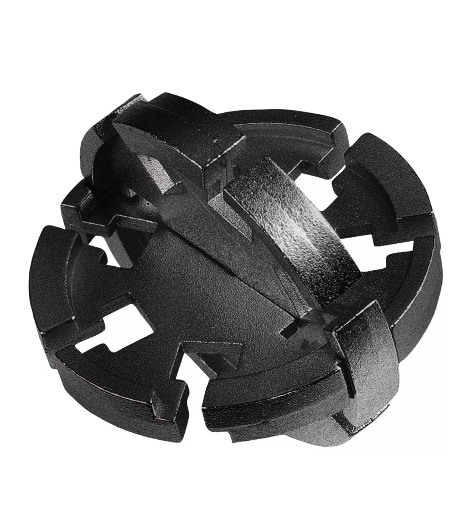 „Huzzle Cast Disk logikai fém fejtörő fekete színben, összeszerelt állapotban egy bonyolult kör alakú mechanizmus látható.