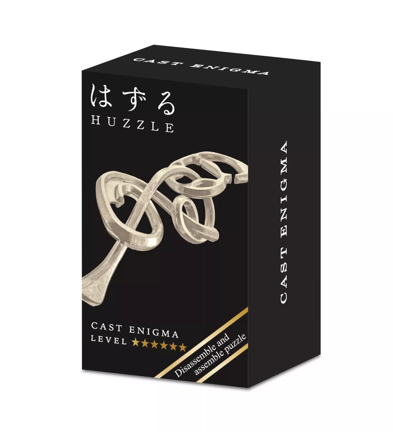 A Huzzle Cast Enigma doboza, amely a kirakó összerakott állapotát mutatja, fekete háttéren, arany szöveggel kiemelve a nehézségi szintet és a „disassemble and assemble puzzle” feliratot.