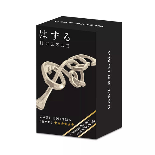 A Huzzle Cast Enigma doboza, amely a kirakó összerakott állapotát mutatja, fekete háttéren, arany szöveggel kiemelve a nehézségi szintet és a „disassemble and assemble puzzle” feliratot.