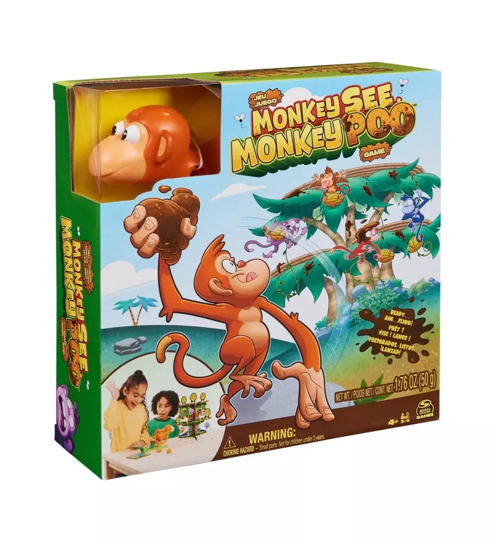 A Monkey See Monkey Poo társasjáték doboza, rajta egy vidám majom illusztrációval, amely „dobásra” készül, valamint egy átlátszó ablakban a játékhoz tartozó majom figura látható.
