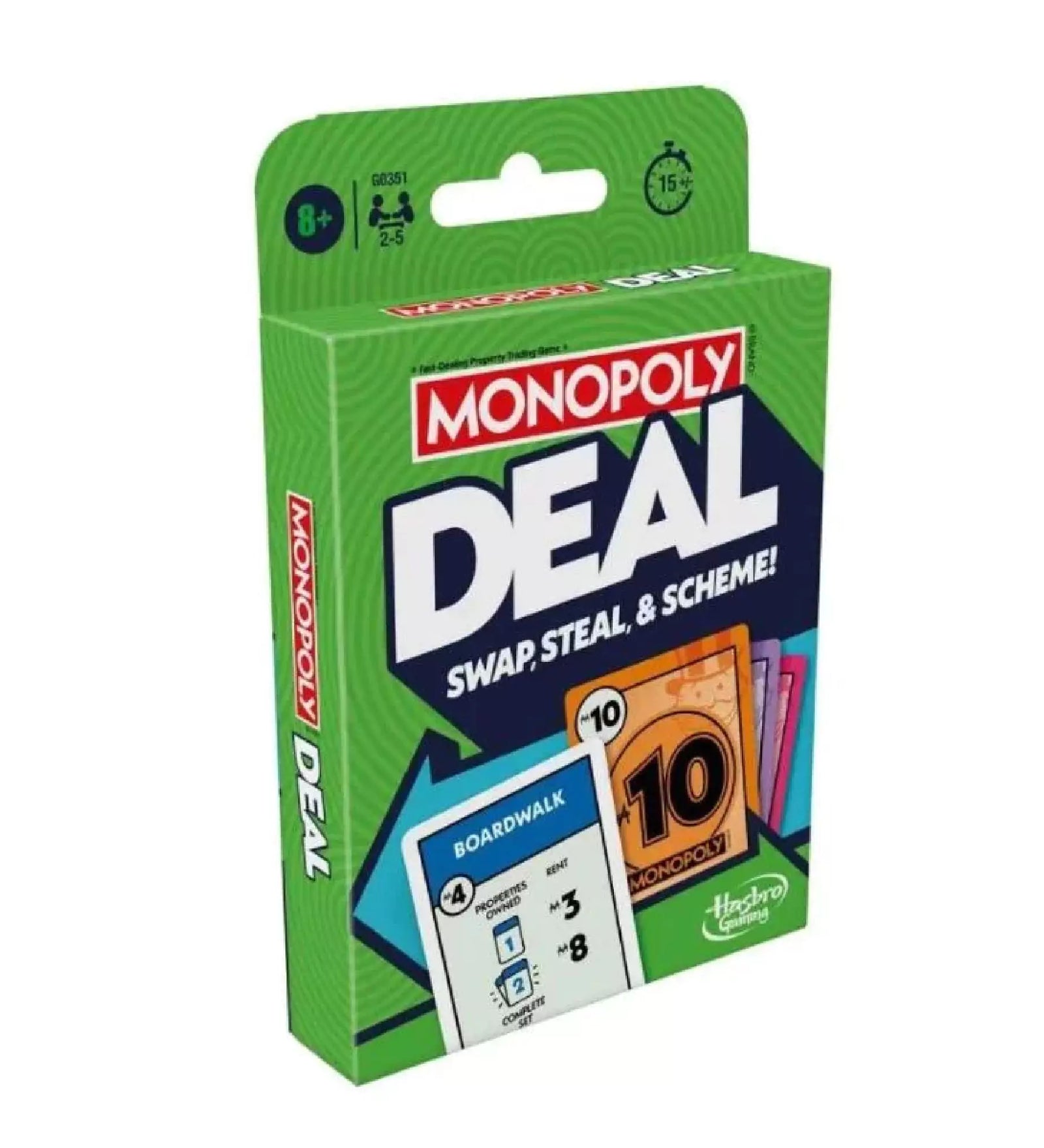 A Monopoly Deal kártyajáték zöld doboza, rajta a „Swap, Steal & Scheme!” felirat, különböző színű kártyák illusztrációjával.