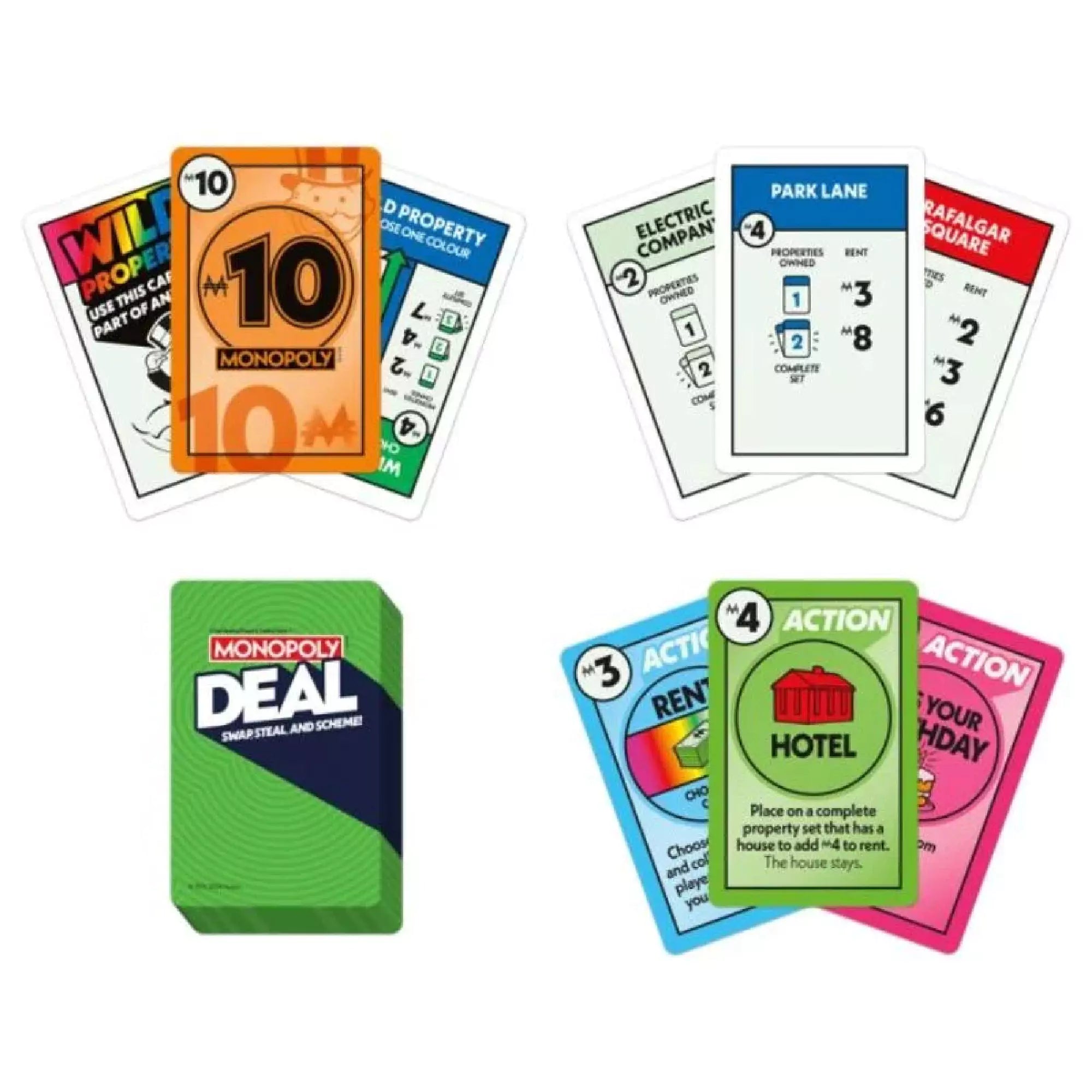 A Monopoly Deal játékkártyái szétterítve – látható pénzkártya, tulajdonlapok, akciókártyák, valamint a hátlapos pakli.