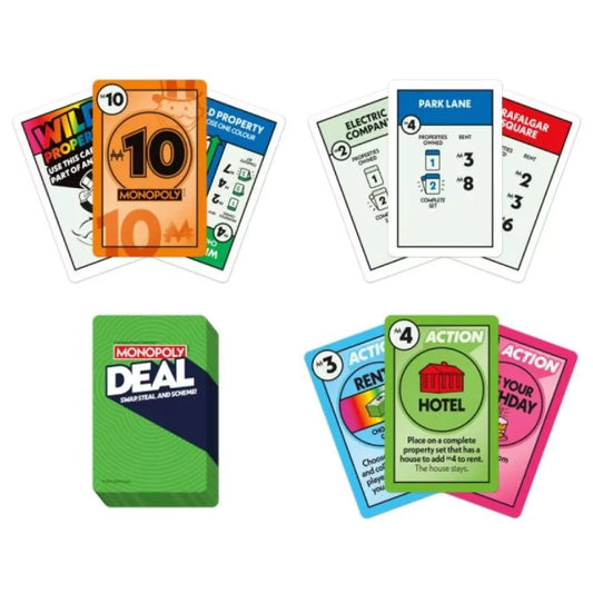 A Monopoly Deal játékkártyái szétterítve – látható pénzkártya, tulajdonlapok, akciókártyák, valamint a hátlapos pakli.