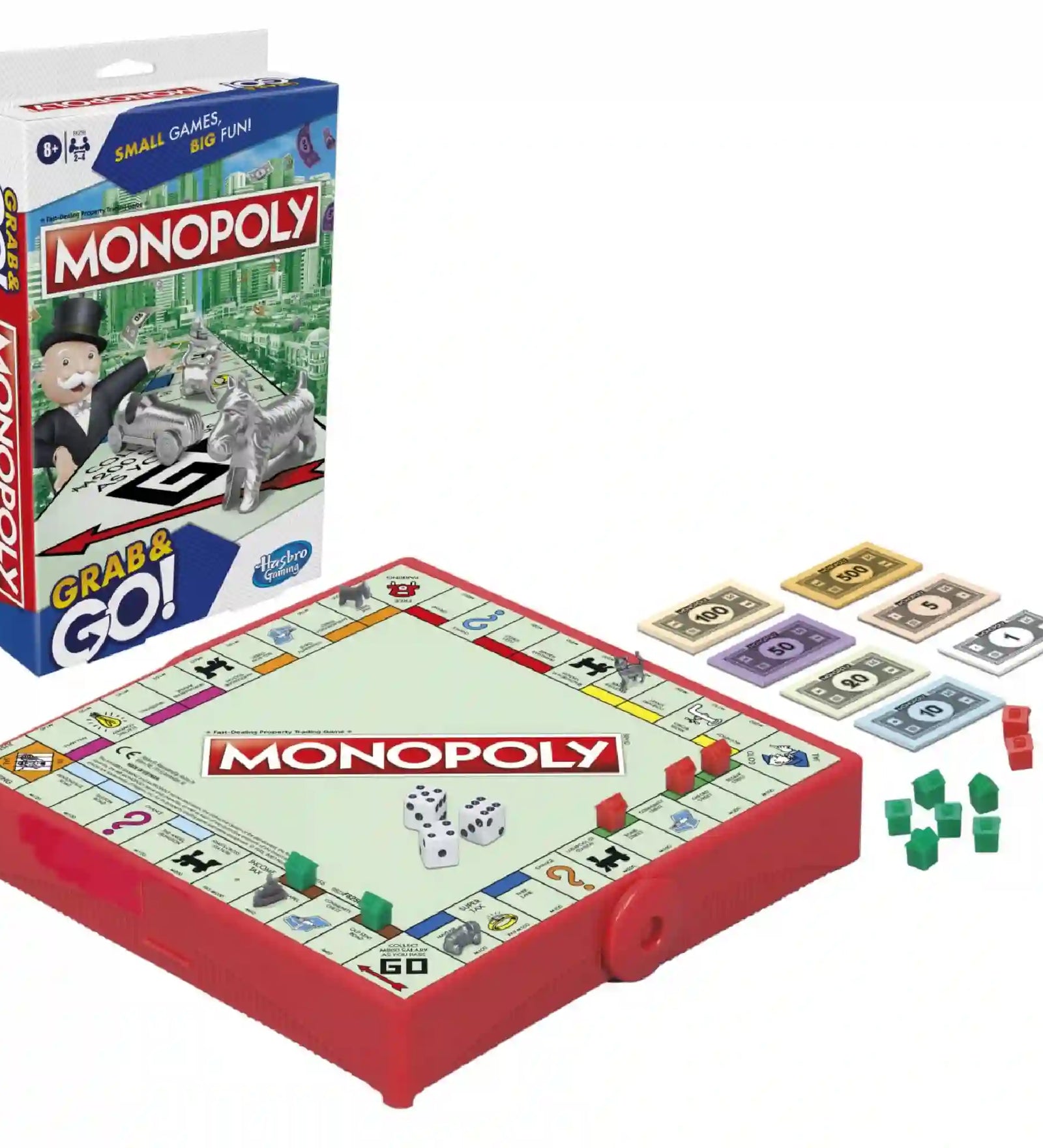 Monopoly Grab & Go angol nyelvű társasjáték teljes tartalma: hordozható, összecsukható játéktábla tárolódobozként, játékpénzek, dobókockák, házak, klasszikus fém játékbábuk és a játék doboza. Praktikus utazó Monopoly kiadás.