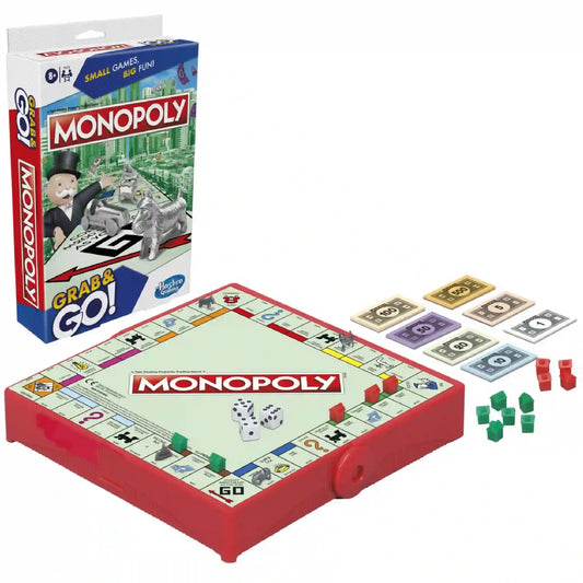 Monopoly Grab & Go angol nyelvű társasjáték teljes tartalma: hordozható, összecsukható játéktábla tárolódobozként, játékpénzek, dobókockák, házak, klasszikus fém játékbábuk és a játék doboza. Praktikus utazó Monopoly kiadás.