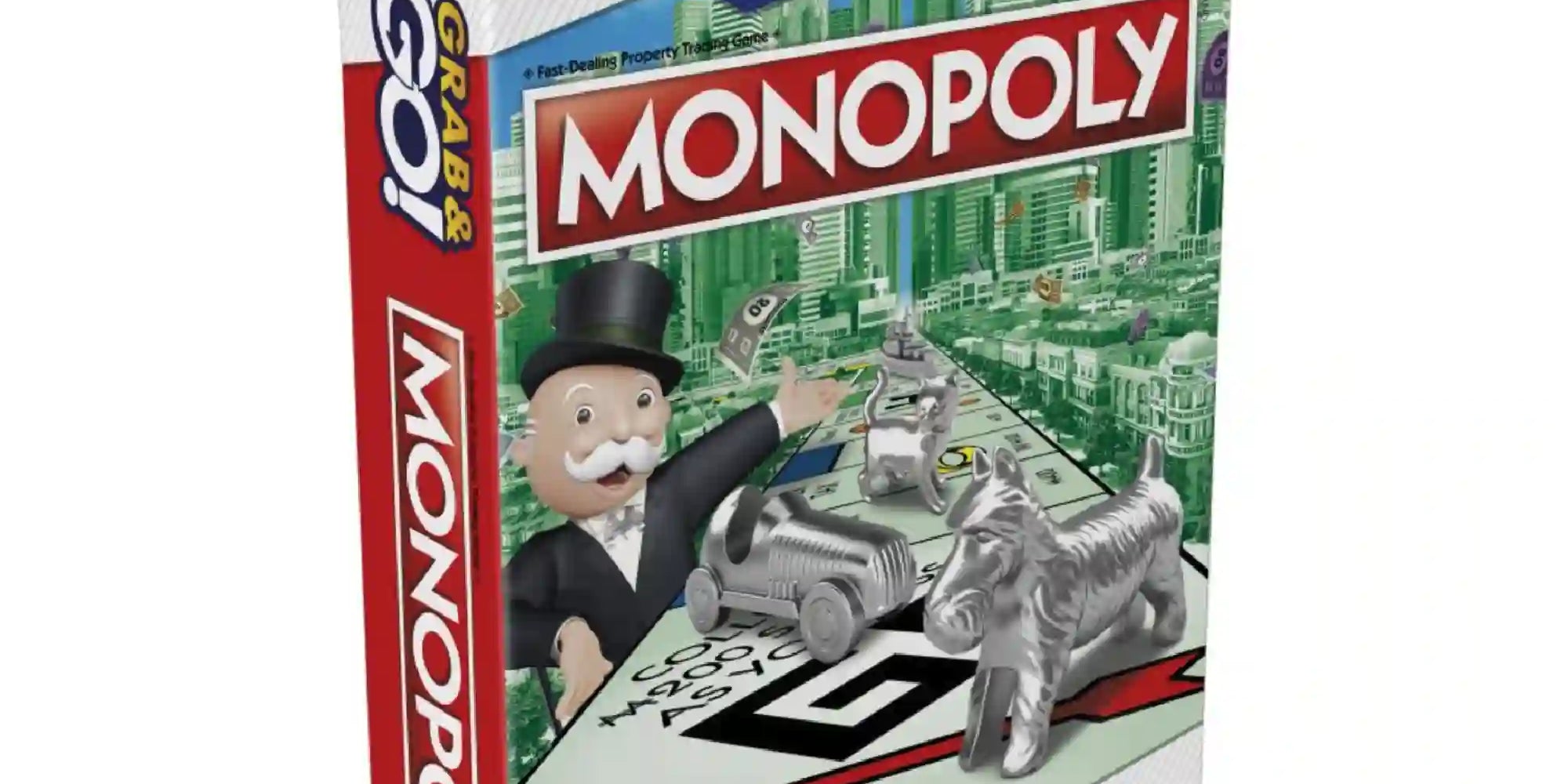 Monopoly Grab & Go angol nyelvű társasjáték doboza, amelyen Mr. Monopoly, a klasszikus ezüst játékbábuk és a hordozható Monopoly játéktábla látható. A kompakt utazókiadás 8 éves kortól ajánlott, 2–4 játékos számára.