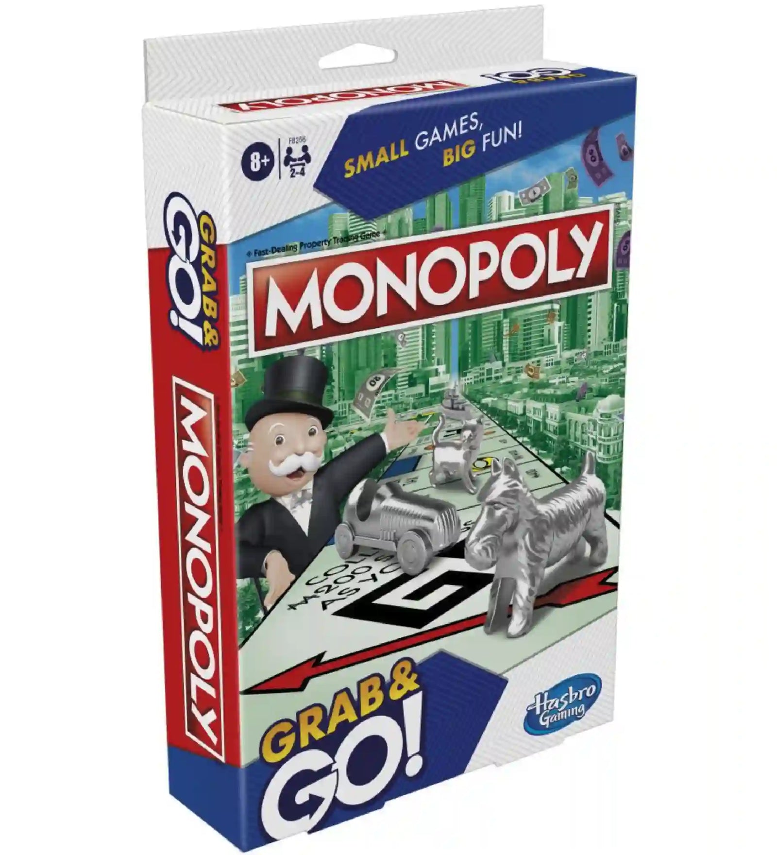 Monopoly Grab & Go angol nyelvű társasjáték doboza, amelyen Mr. Monopoly, a klasszikus ezüst játékbábuk és a hordozható Monopoly játéktábla látható. A kompakt utazókiadás 8 éves kortól ajánlott, 2–4 játékos számára.