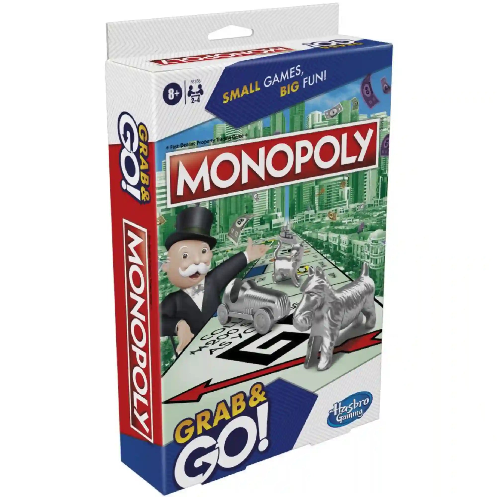 Monopoly Grab & Go angol nyelvű társasjáték doboza, amelyen Mr. Monopoly, a klasszikus ezüst játékbábuk és a hordozható Monopoly játéktábla látható. A kompakt utazókiadás 8 éves kortól ajánlott, 2–4 játékos számára.