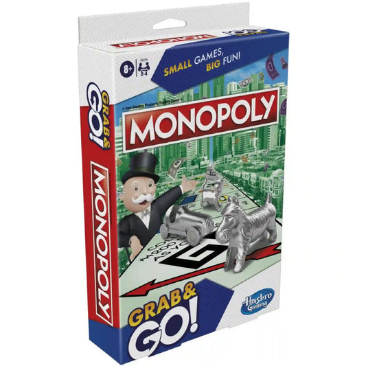 Monopoly Grab & Go angol nyelvű társasjáték doboza, amelyen Mr. Monopoly, a klasszikus ezüst játékbábuk és a hordozható Monopoly játéktábla látható. A kompakt utazókiadás 8 éves kortól ajánlott, 2–4 játékos számára.