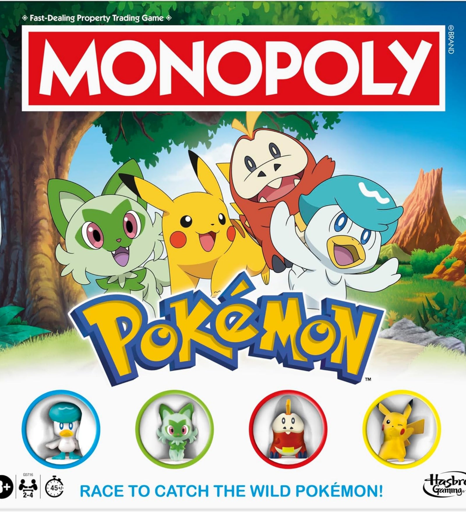 Monopoly Pokémon doboza, rajta a négy fő Pokémon karakter és a logók.