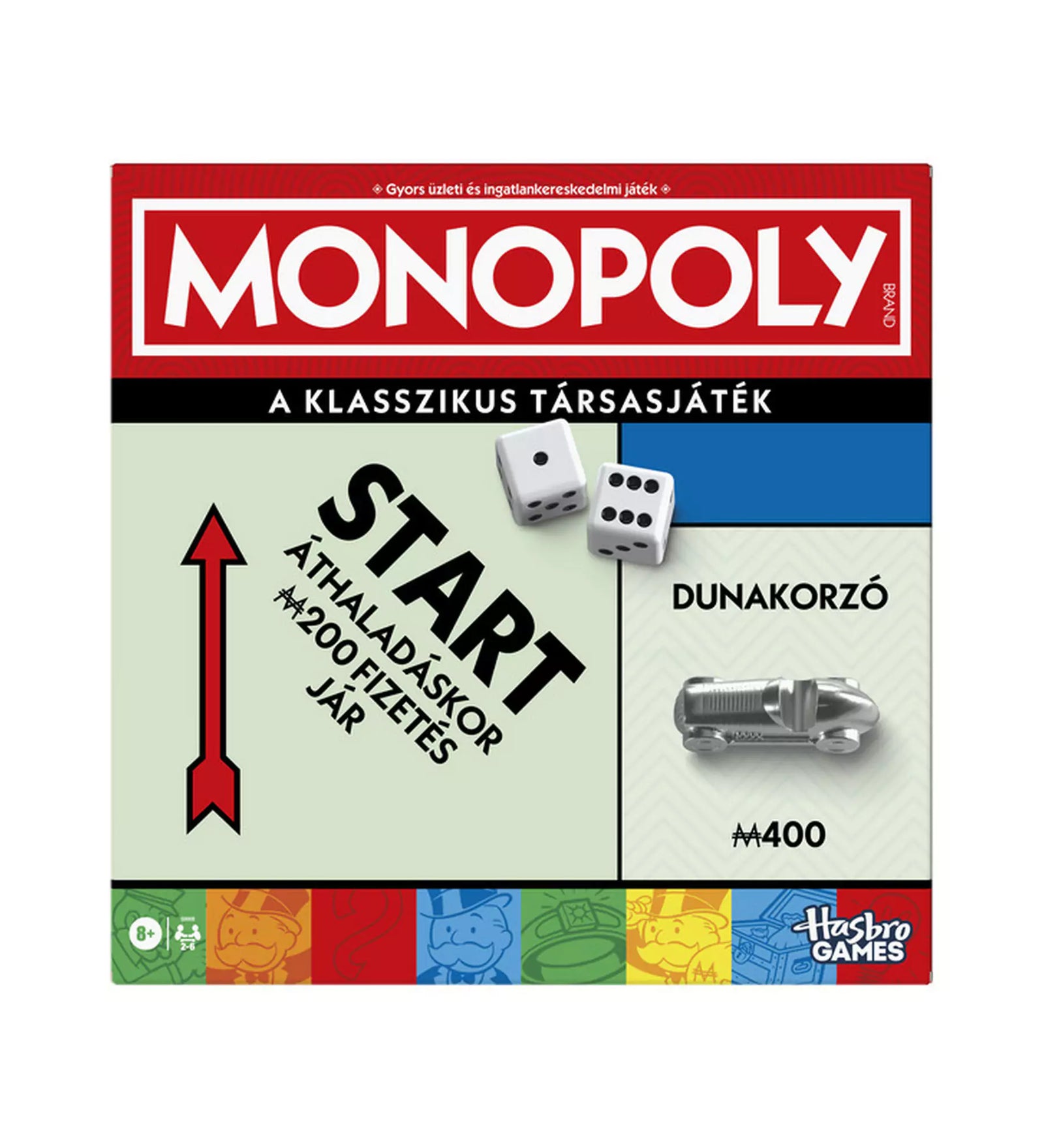 Monopoly – A klasszikus társasjáték magyar kiadásának doboza, amelyen a „Start” mező, dobókockák, Dunakorzó mező és egy autó figura látható.