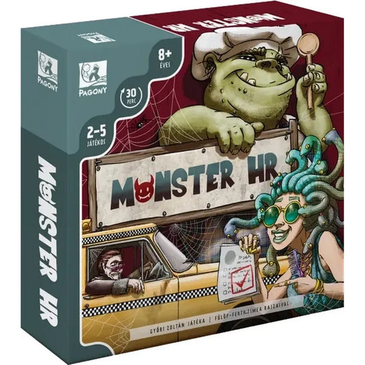 A Monster HR társasjáték dobozának előlapja, rajta egy mosolygó Medúza és egy ogre karakter, akik szörnyeket toboroznak egy vicces, munkahelyi témájú kalandhoz.