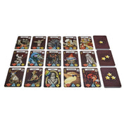 A Monster HR társasjáték szörnykártyái kiterítve, különféle lényekkel, például vérfarkas, múmia, banshee és krampusz, sötét háttérrel és színes ikonokkal.