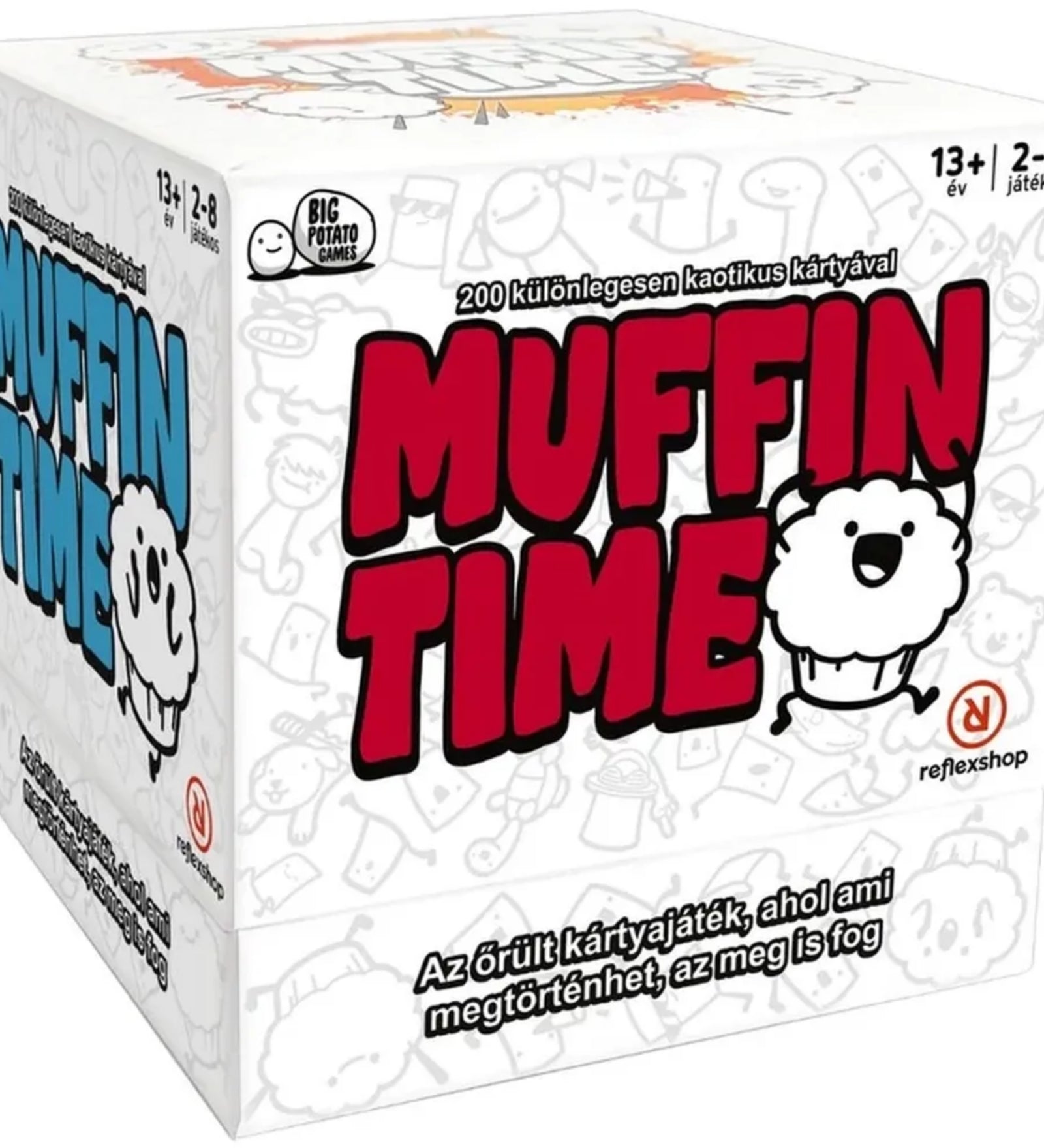 Muffin Time társasjáték doboza közelről, fehér alapon piros logóval és vidám muffinfigurával, amely kiemeli a játék kaotikus hangulatát.