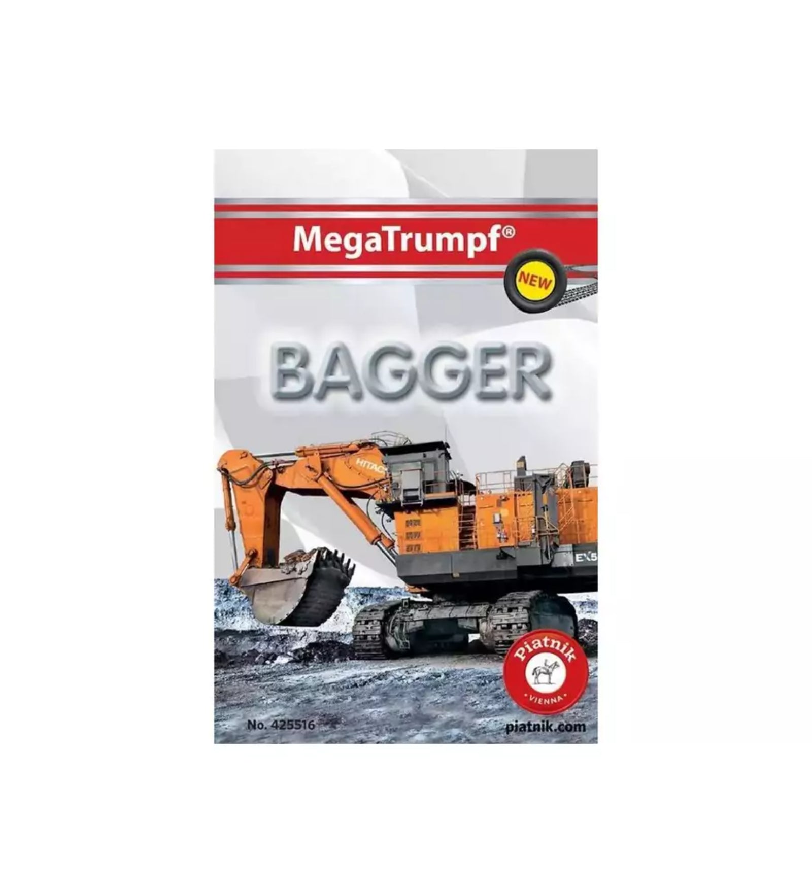 A képen a MegaTrumpf „Bagger” (azaz „Kotrók”) kártyajáték doboza látható, amelyet a Piatnik adott ki. A borítón egy hatalmas, narancssárga Hitachi lánctalpas kotrógép szerepel, amely épp egy kanálnyi földet emel ki. A doboz tetején a piros sávban a játék neve olvasható, mellette pedig a „NEW” (új) jelzés hívja fel a figyelmet az újdonságra. A Piatnik logója a jobb alsó sarokban található. 