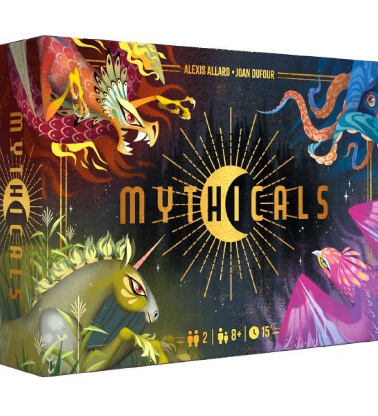 A Mythicals társasjáték szemet gyönyörködtető doboza sötét háttéren ragyogó arany felirattal és mitikus lények – mint egy sárkány, unikornis, főnix és tengeri szörny – illusztrációival. A dobozon szerepel a játék időtartama (15 perc), játékosszám (2 fő) és ajánlott korosztály (8+).