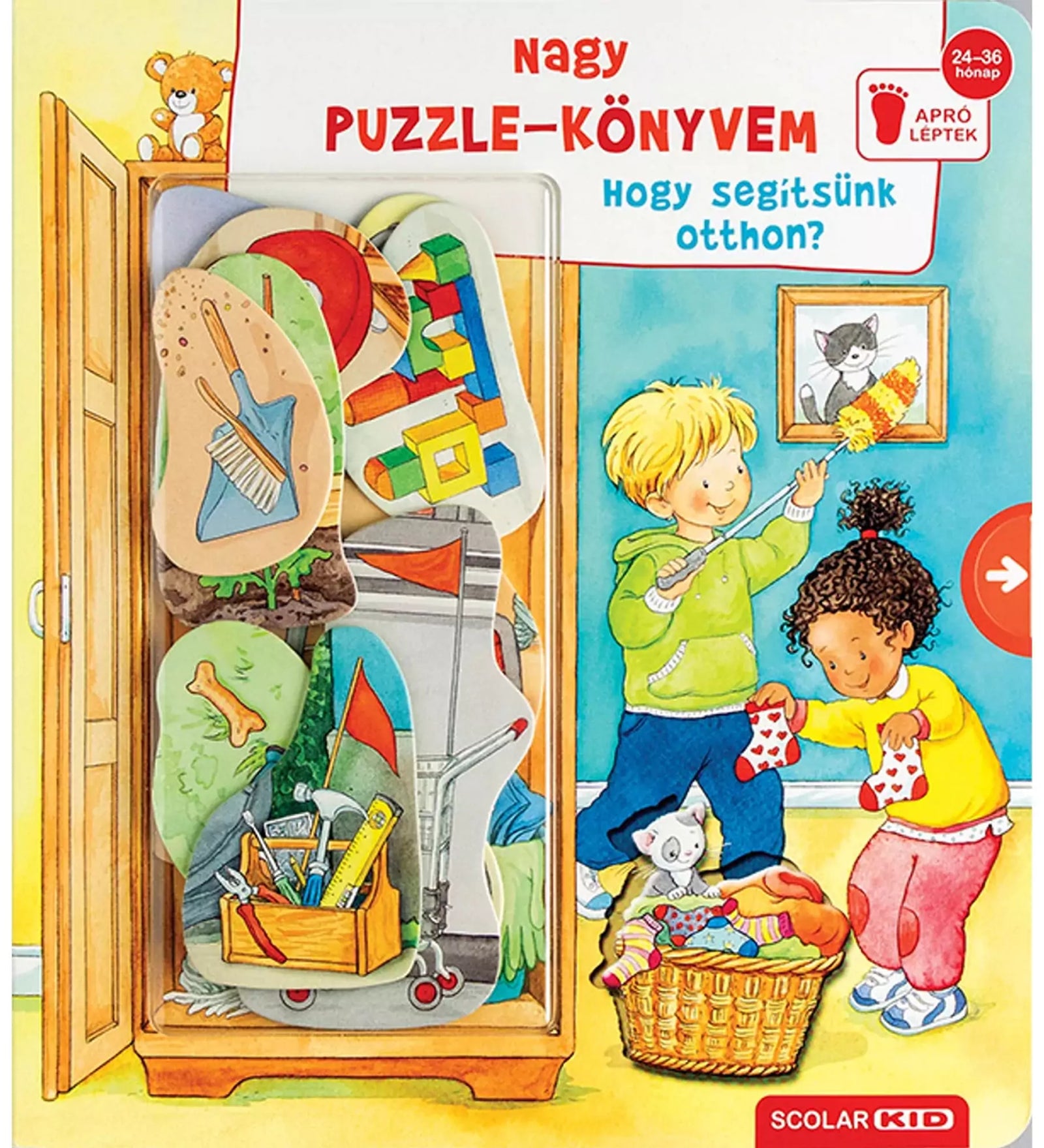 A „Nagy puzzle-könyvem – Hogy segítsünk otthon?” című könyv borítója, amelyen két kisgyerek házimunkát végez, miközben a szekrényből különféle puzzle-darabok láthatók.
