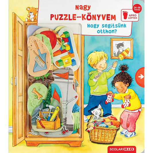 A „Nagy puzzle-könyvem – Hogy segítsünk otthon?” című könyv borítója, amelyen két kisgyerek házimunkát végez, miközben a szekrényből különféle puzzle-darabok láthatók.