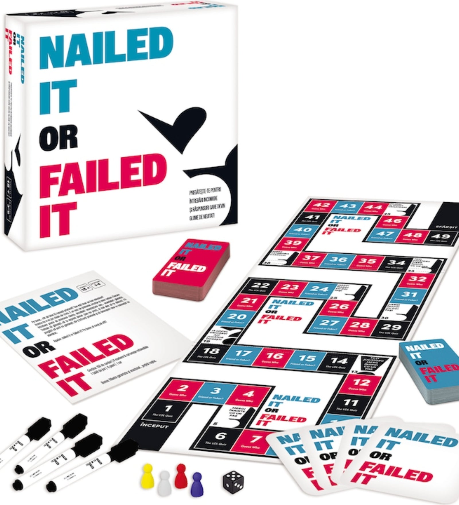 „Nailed It or Failed It társasjáték: játéktábla, kártyapaklik, dobókocka, színes figurák és törölhető filcek a doboz mellett kiterítve.”