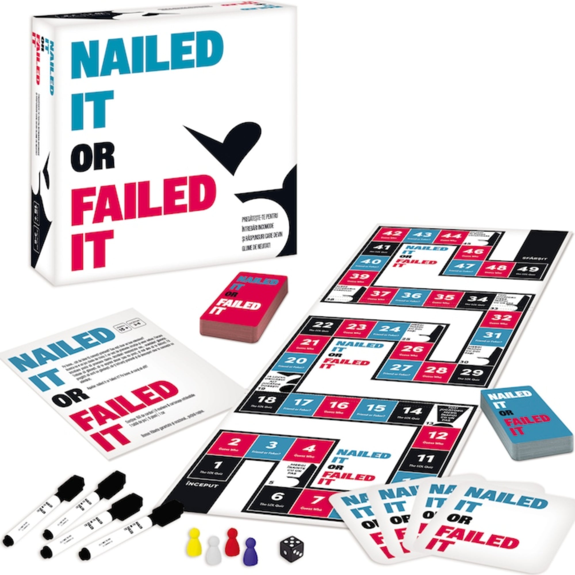 „Nailed It or Failed It társasjáték: játéktábla, kártyapaklik, dobókocka, színes figurák és törölhető filcek a doboz mellett kiterítve.”