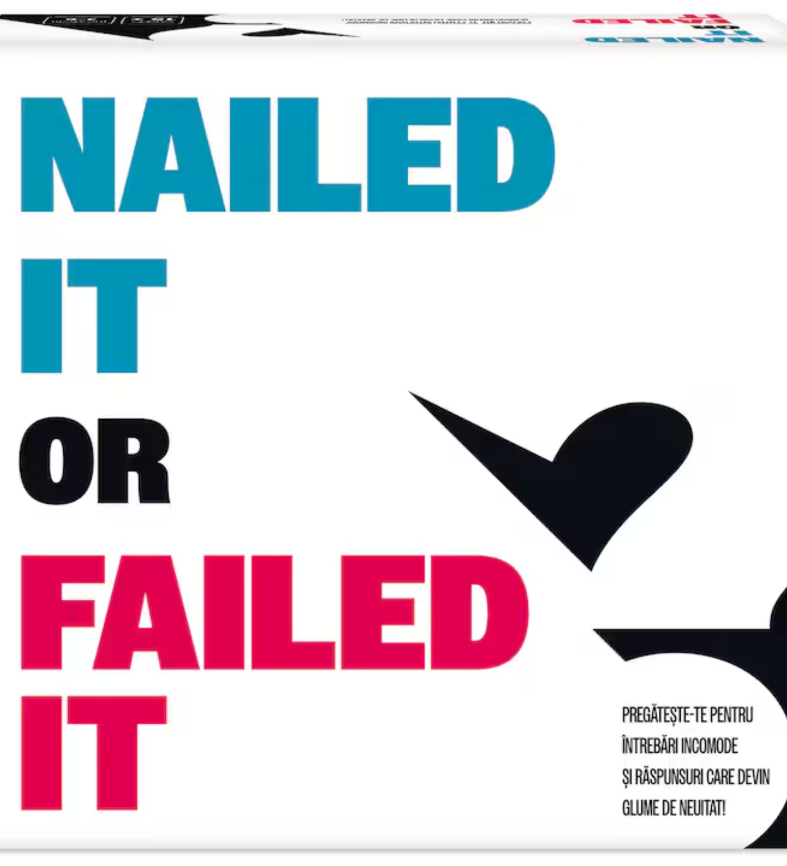„Nailed It or Failed It doboz előlapja: letisztult fehér dizájn, fekete és pink grafikai elemekkel és nagy betűs címfelirattal.”