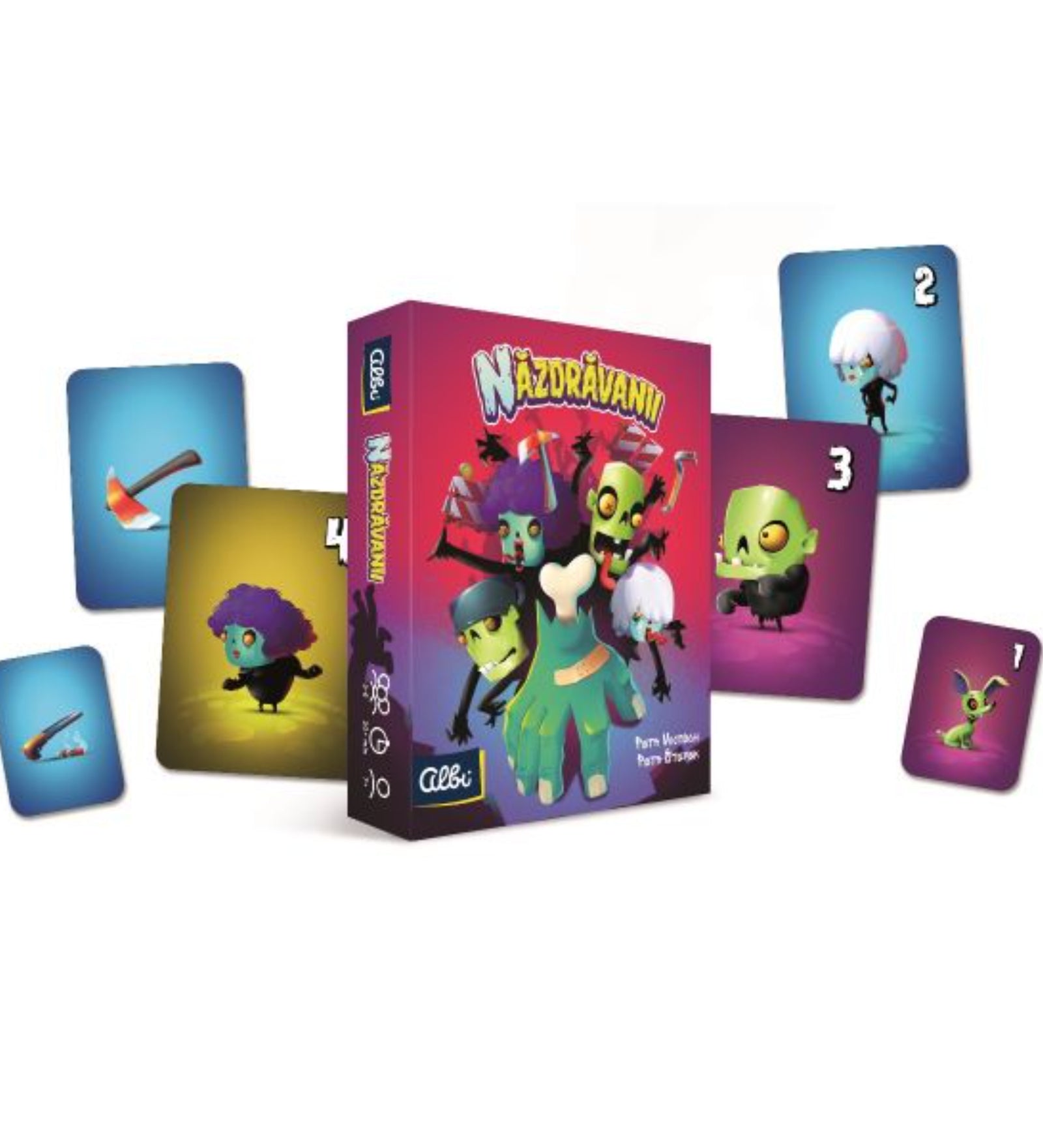 A Năzdrăvanii társasjáték doboza és különböző játékkártyái: színes háttérrel rendelkező zombis karakterkártyák és eszközkártyák vidám, rajzfilmes stílusban.