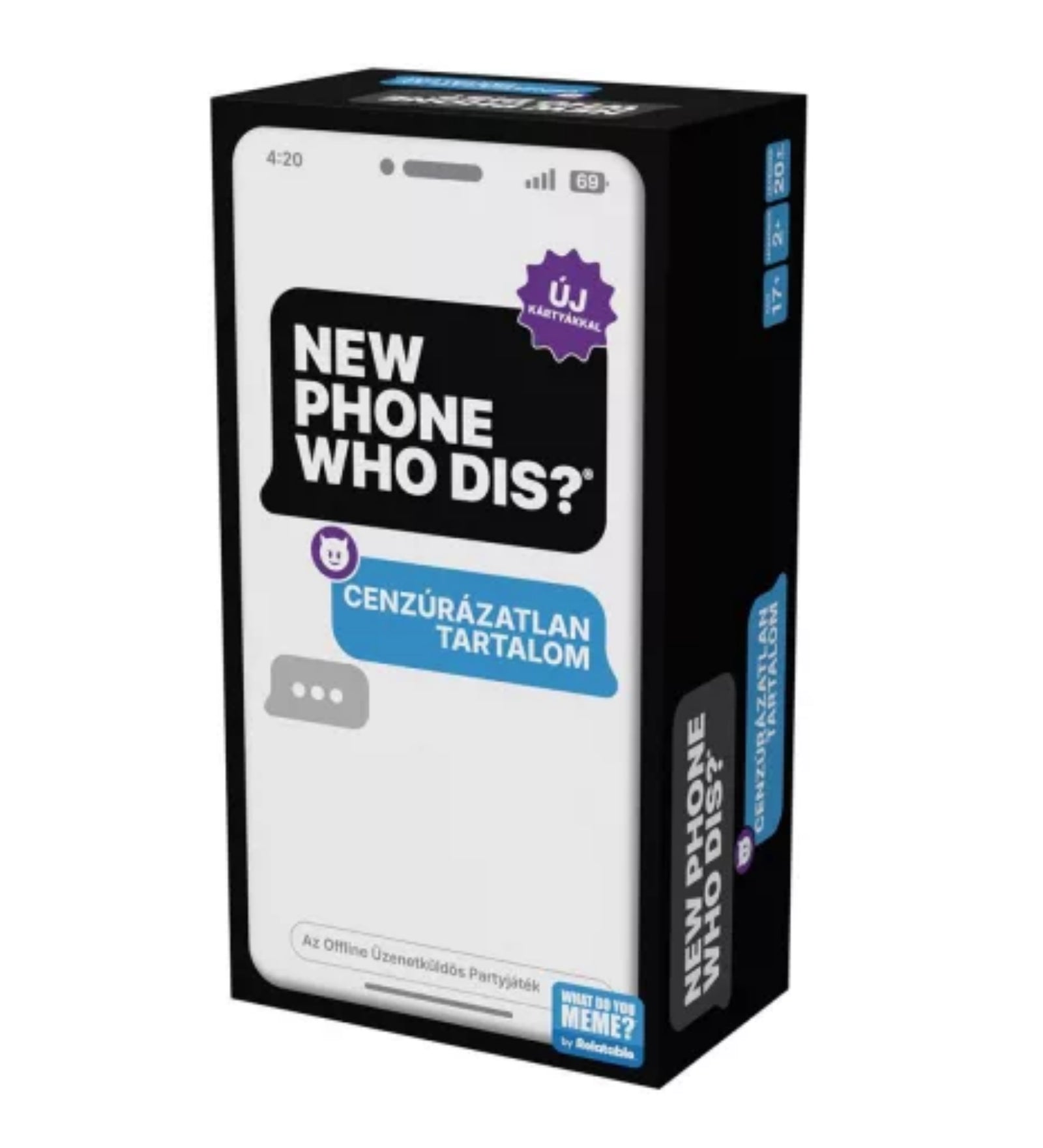 A New Phone, Who Dis? – Cenzúrázatlan tartalom társasjáték doboza, modern okostelefonos dizájnnal.