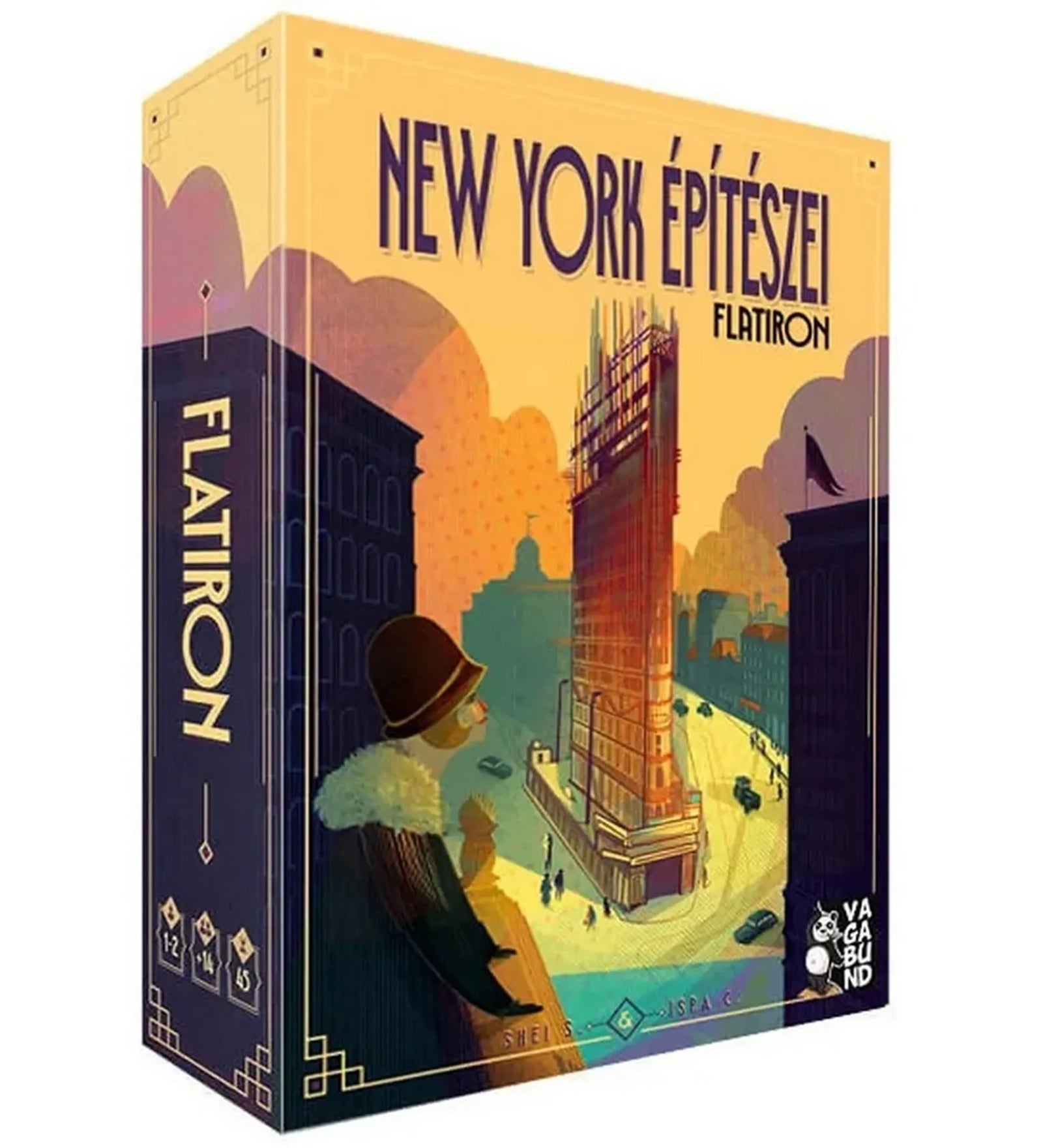New York város építészei – Flatiron – a társasjáték dobozának előlapja, látványos New York-i illusztrációval.