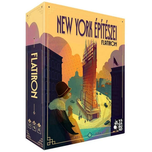 New York város építészei – Flatiron – a társasjáték dobozának előlapja, látványos New York-i illusztrációval.