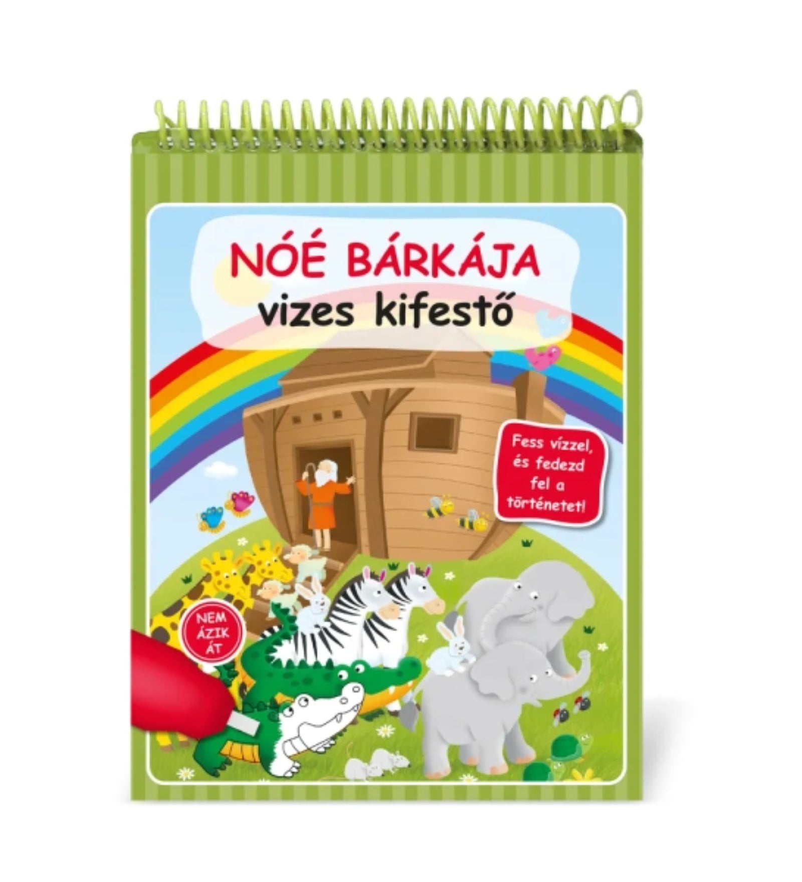 Noé bárkája vizes kifestő” gyerekkönyv borítója, színes rajzzal Noé bárkájáról, állatokról és szivárványról, vízzel festhető oldalakkal.