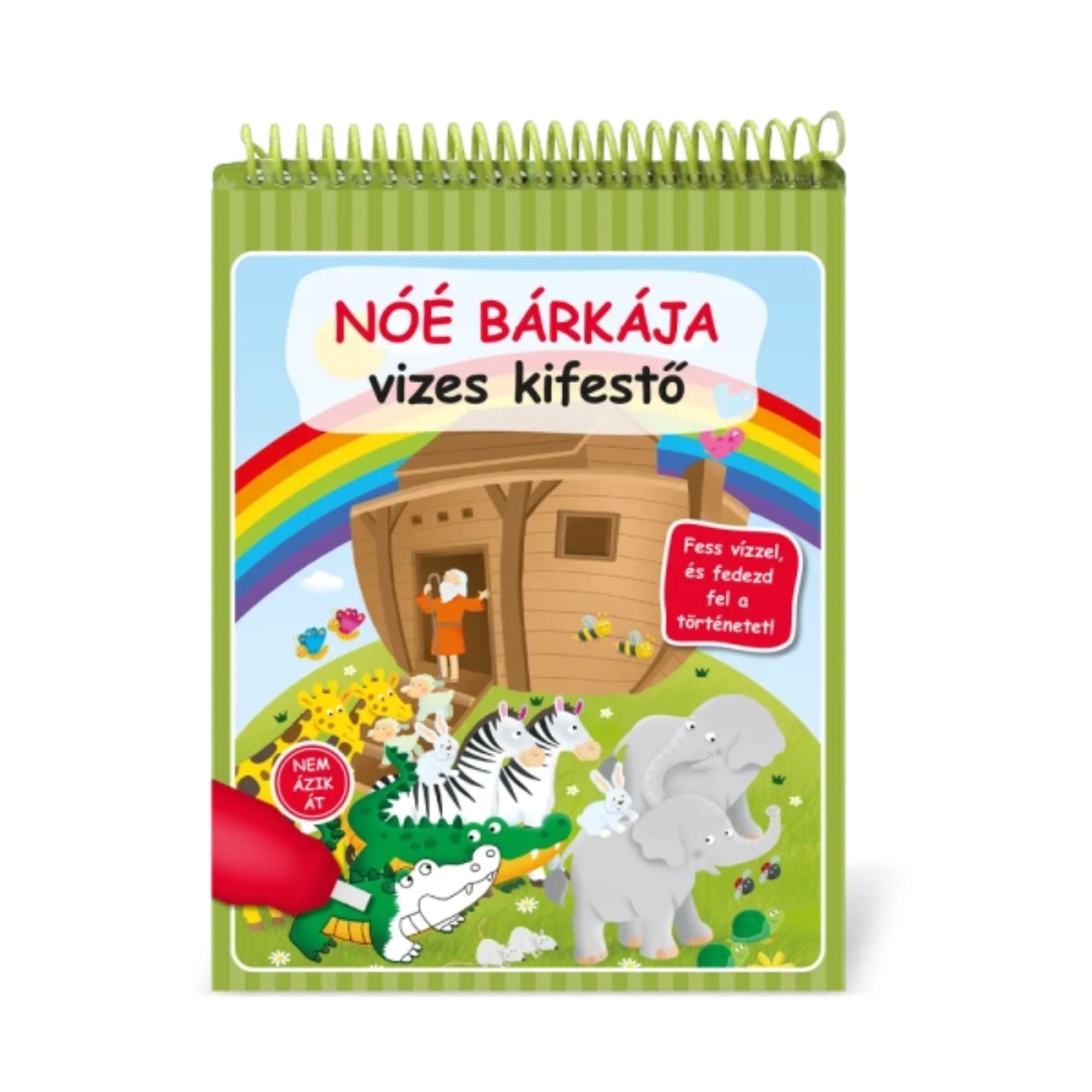 Noé bárkája vizes kifestő” gyerekkönyv borítója, színes rajzzal Noé bárkájáról, állatokról és szivárványról, vízzel festhető oldalakkal.