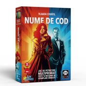 Első kép: A Nume de cod társasjáték doboza, amelyen két titkos ügynök látható – egy nő és egy férfi – piros és kék háttér előtt, a játék címe és a „Spiel des Jahres 2016” díj logója mellett.